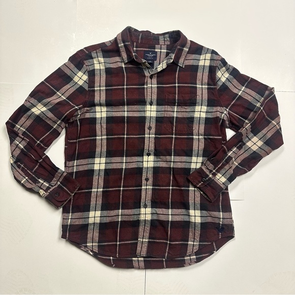 American Eagle Outfitters Men's Plaid Flannel Shirt - Maroon and Cream - Picture 2 of 7